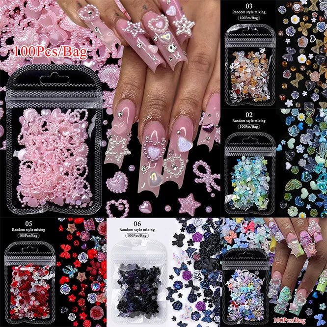 100pcs Glitter Resin Nail Art Flatback Crystals Gems 3D Nails Decoration Bowknot