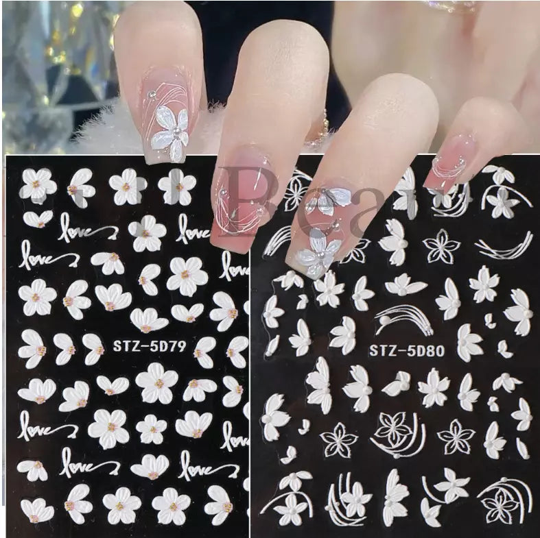 5D Embossed Tulip Camellia Flowers Leaf Nail Stickers Water Sliders Manicure DIY