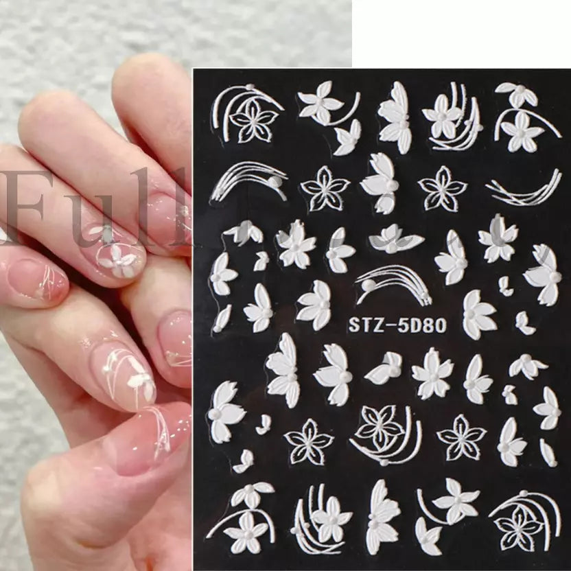 5D Embossed Tulip Camellia Flowers Leaf Nail Stickers Water Sliders Manicure DIY