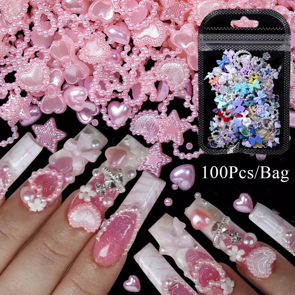 100pcs Glitter Resin Nail Art Flatback Crystals Gems 3D Nails Decoration Bowknot