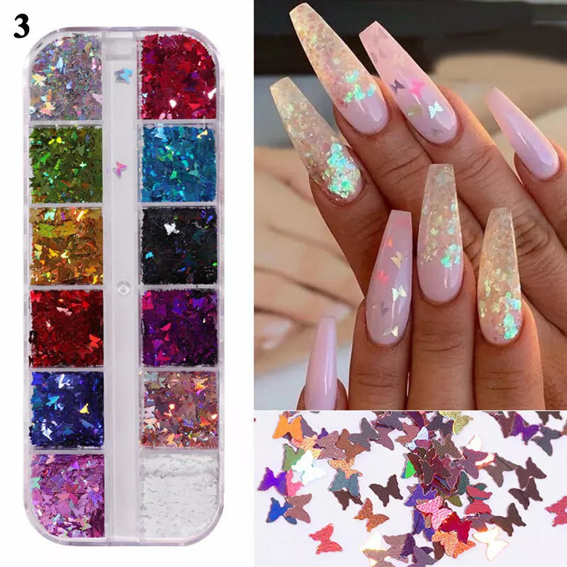 Laser Holographic 3D Butterfly Nail Art Sequins Flakes Glitter Foils 12 Colours✔