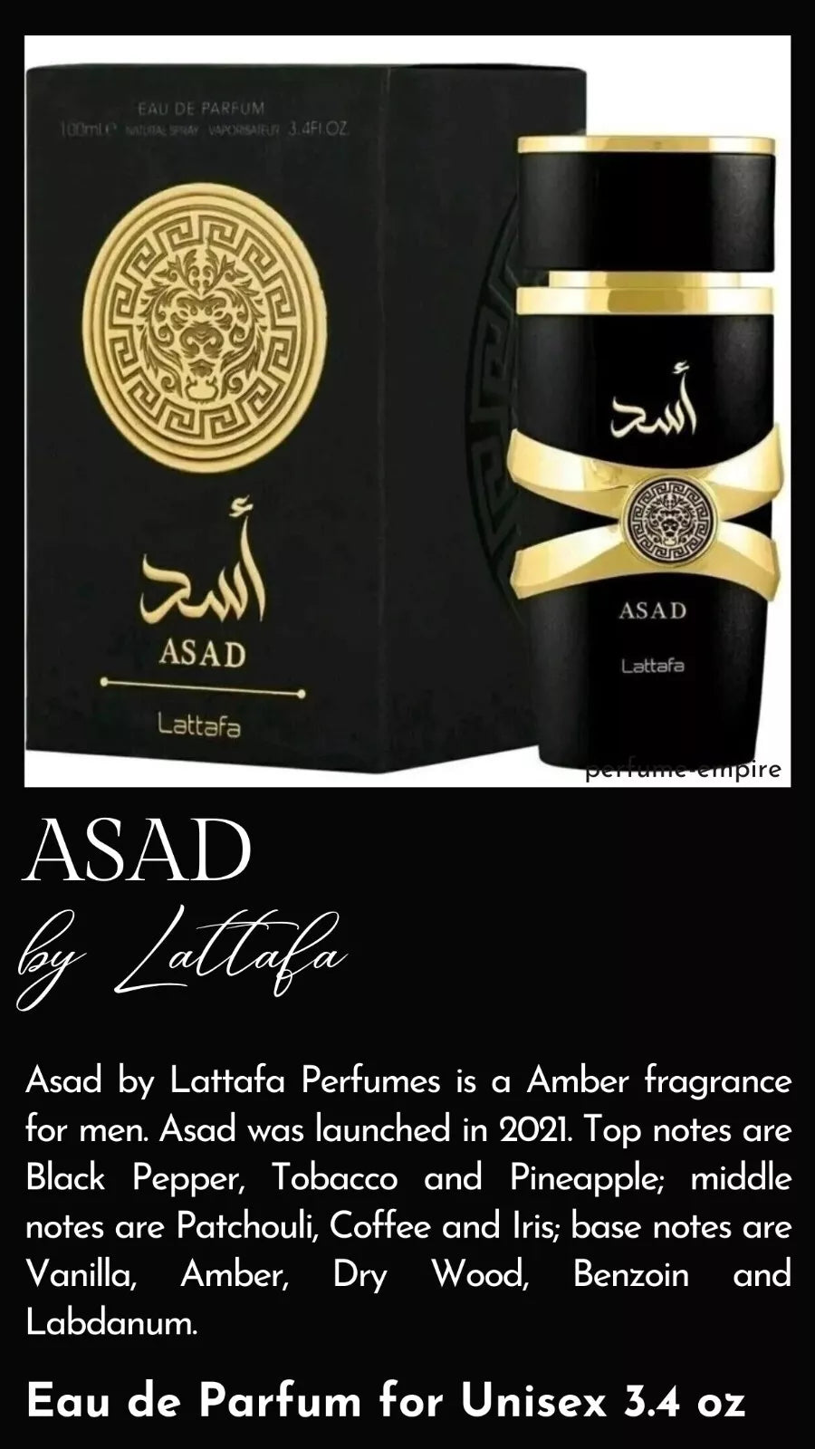Asad by Lattafa perfume for unisex EDP 3.3 / 3.4 oz Cologne New in Box