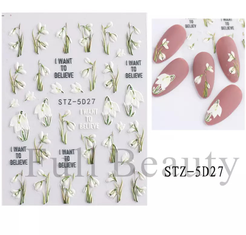 5D Embossed Tulip Camellia Flowers Leaf Nail Stickers Water Sliders Manicure DIY