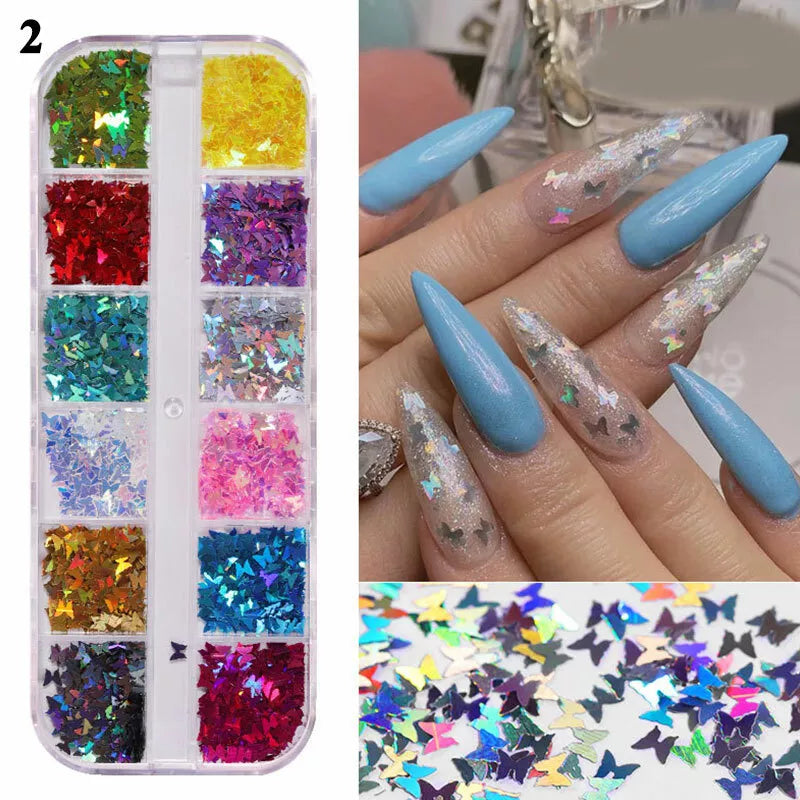 Laser Holographic 3D Butterfly Nail Art Sequins Flakes Glitter Foils 12 Colours✔