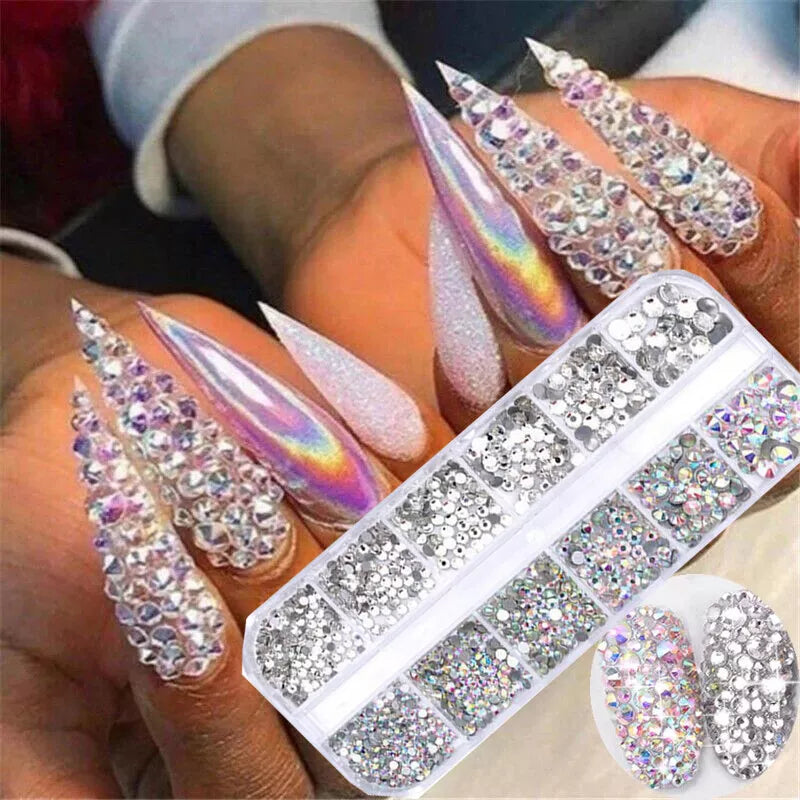 12Box/Set AB Crystal Rhinestone Diamond Gems 3D Glitter Nail Art Decoration DIY✔
