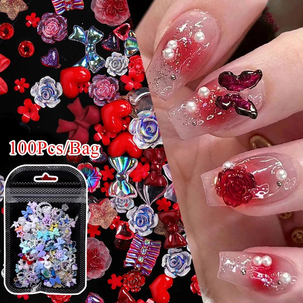 100pcs Glitter Resin Nail Art Flatback Crystals Gems 3D Nails Decoration Bowknot