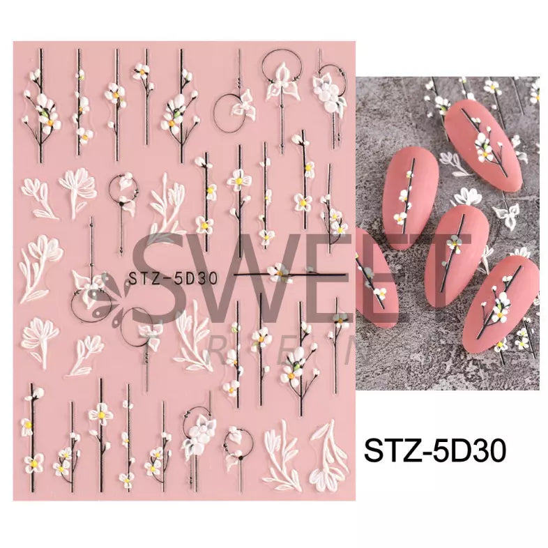 5D Embossed Tulip Camellia Flowers Leaf Nail Stickers Water Sliders Manicure DIY