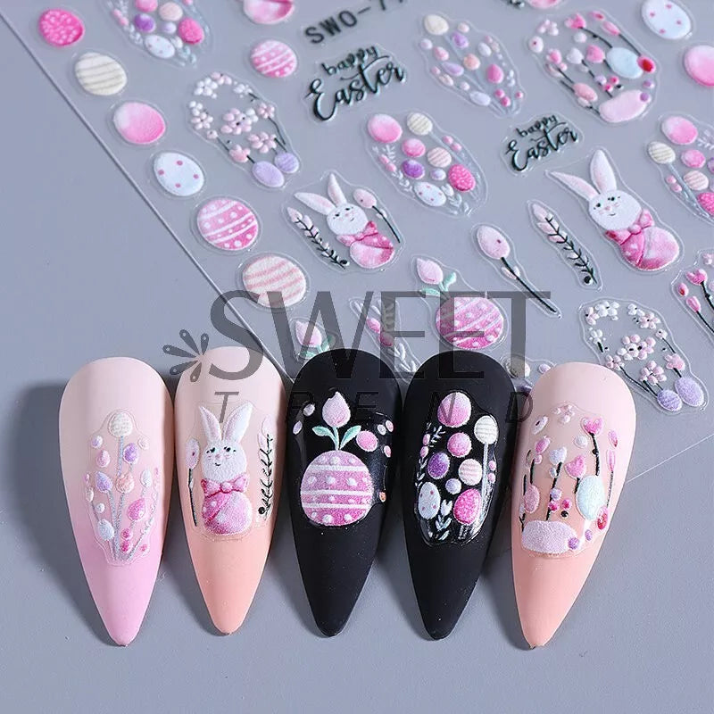 2PCS Nail Art Stickers Self Adhesive Easter Bunnies Egg Flower NS52