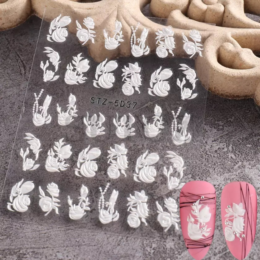5D Embossed Tulip Camellia Flowers Leaf Nail Stickers Water Sliders Manicure DIY