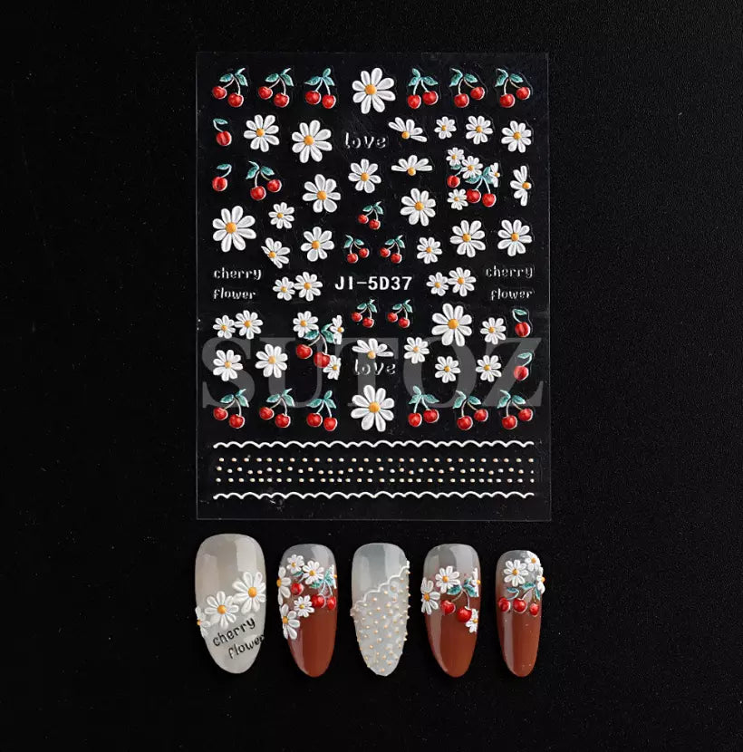 5D Embossed Tulip Camellia Flowers Leaf Nail Stickers Water Sliders Manicure DIY