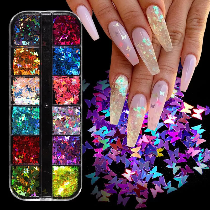 Laser Holographic 3D Butterfly Nail Art Sequins Flakes Glitter Foils 12 Colours✔