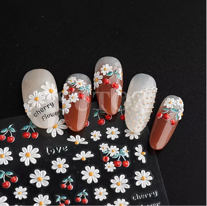 5D Embossed Tulip Camellia Flowers Leaf Nail Stickers Water Sliders Manicure DIY