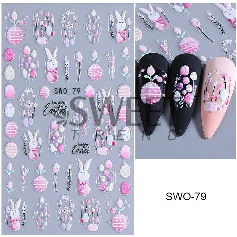 2PCS Nail Art Stickers Self Adhesive Easter Bunnies Egg Flower NS52