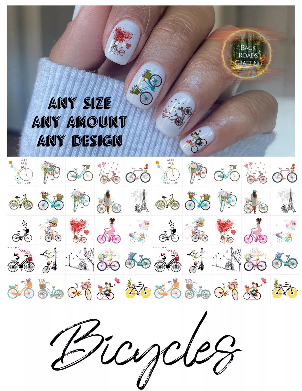 Bicycles Bicycle Waterslide Nail Art Decals Set of 50 Instructions & Bonus