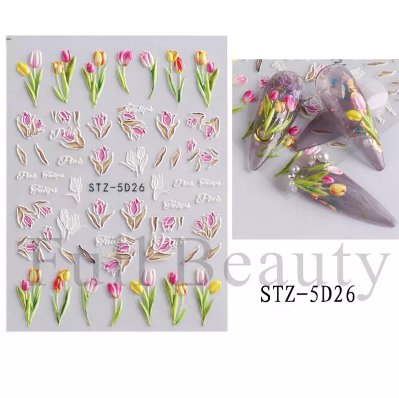5D Embossed Tulip Camellia Flowers Leaf Nail Stickers Water Sliders Manicure DIY