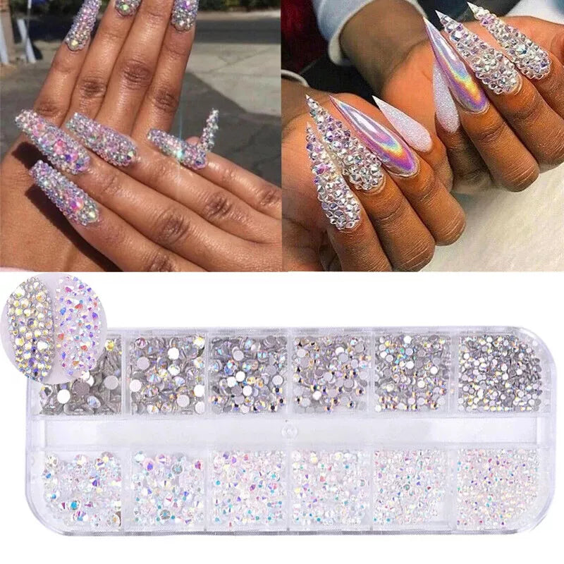 12Box/Set AB Crystal Rhinestone Diamond Gems 3D Glitter Nail Art Decoration DIY✔