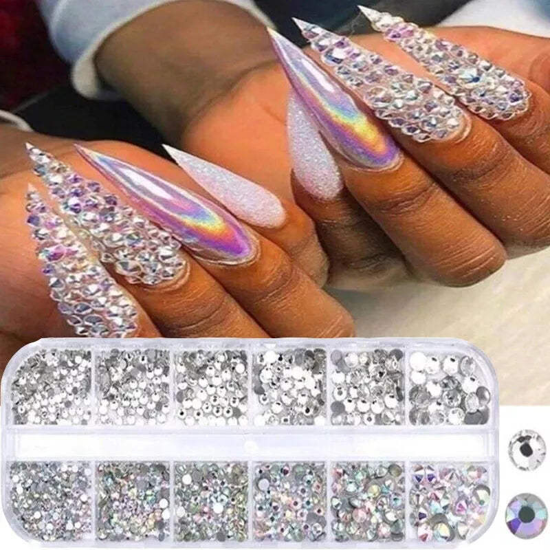 12Box/Set AB Crystal Rhinestone Diamond Gems 3D Glitter Nail Art Decoration DIY✔