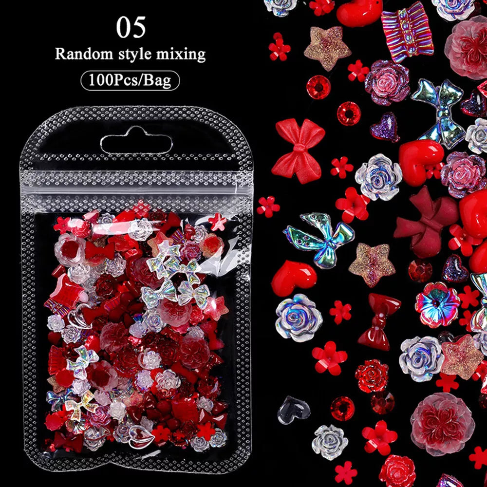 100pcs Glitter Resin Nail Art Flatback Crystals Gems 3D Nails Decoration Bowknot
