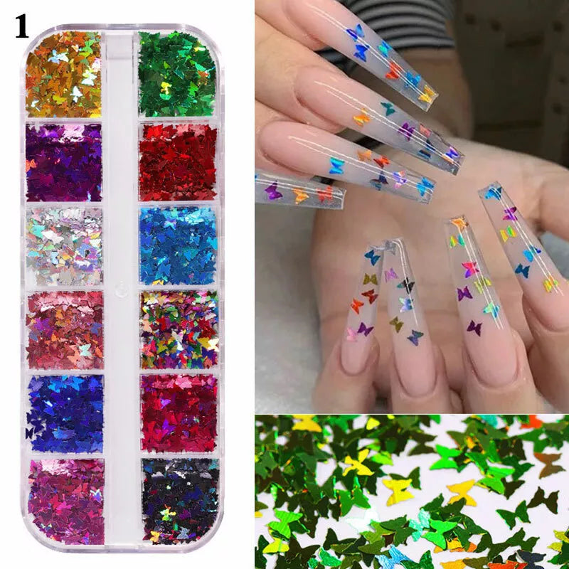 Laser Holographic 3D Butterfly Nail Art Sequins Flakes Glitter Foils 12 Colours✔