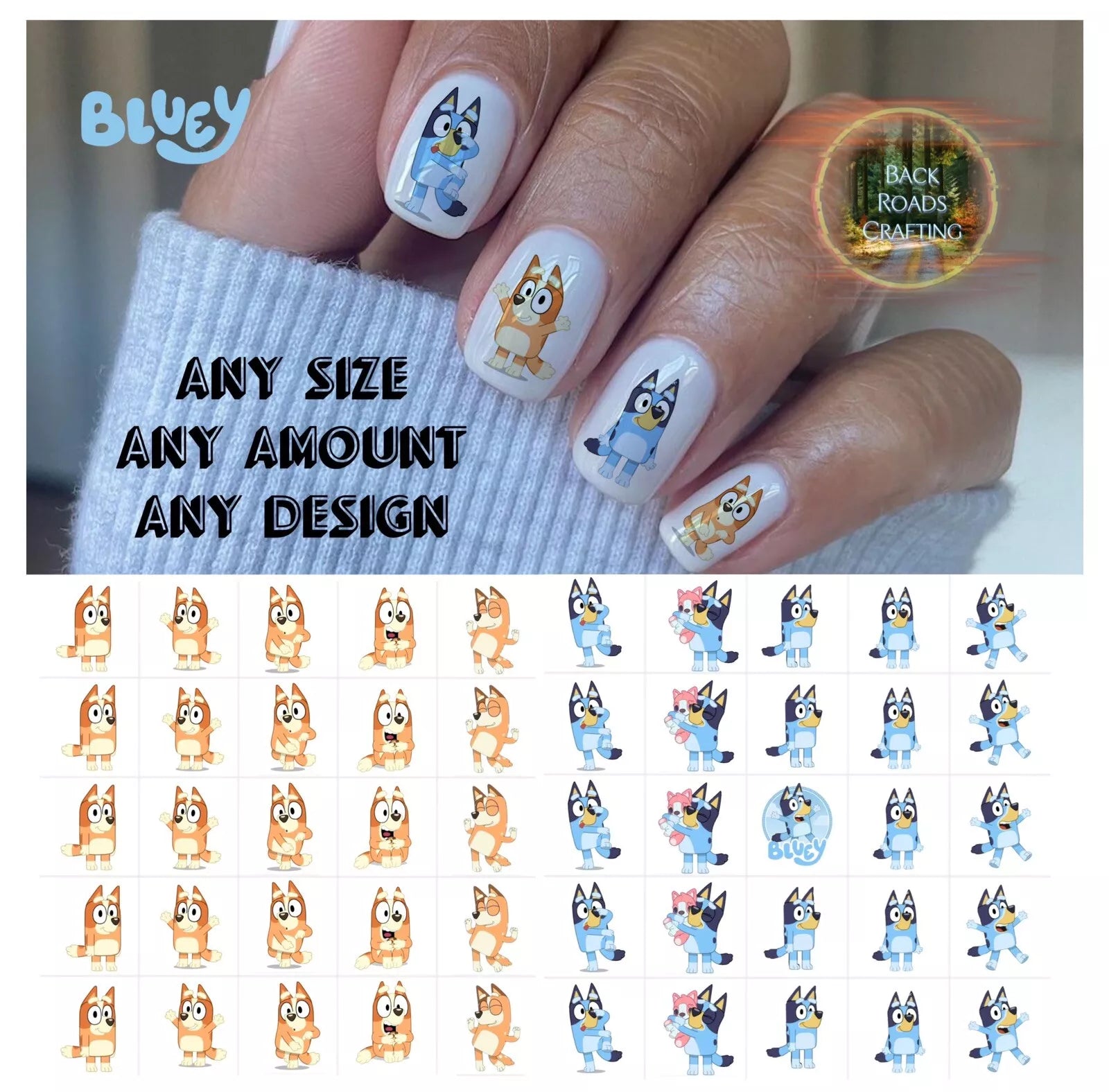 Bluey The Dog Cartoon Waterslide Nail Art Decals Set Of 50 Instructions, Bonus