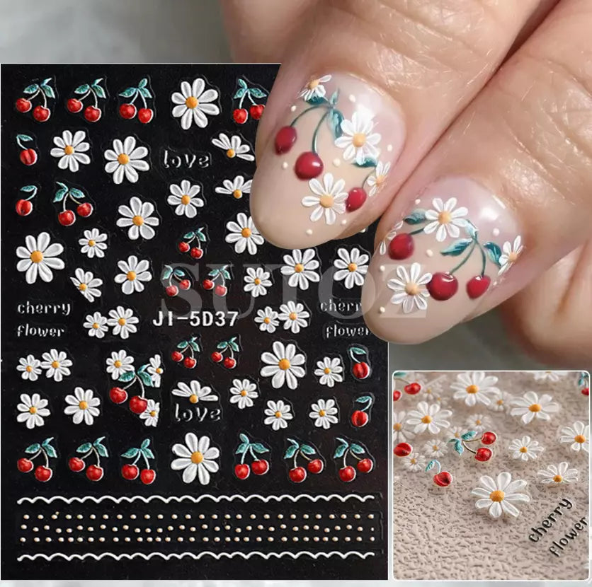 5D Embossed Tulip Camellia Flowers Leaf Nail Stickers Water Sliders Manicure DIY