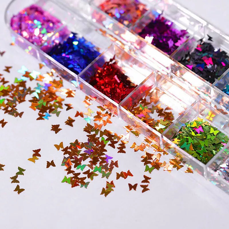 Laser Holographic 3D Butterfly Nail Art Sequins Flakes Glitter Foils 12 Colours✔
