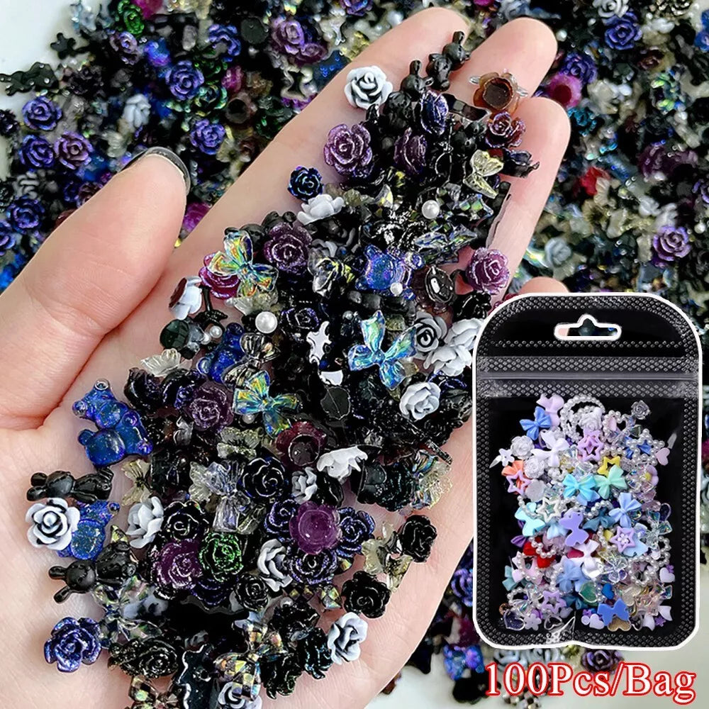 100pcs Glitter Resin Nail Art Flatback Crystals Gems 3D Nails Decoration Bowknot