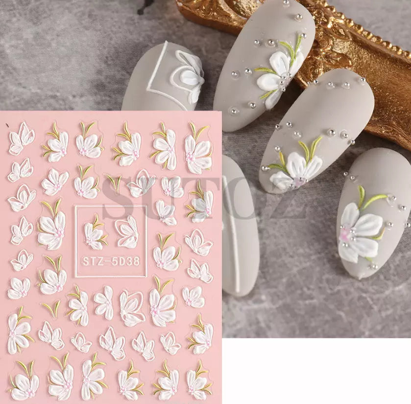 5D Embossed Tulip Camellia Flowers Leaf Nail Stickers Water Sliders Manicure DIY