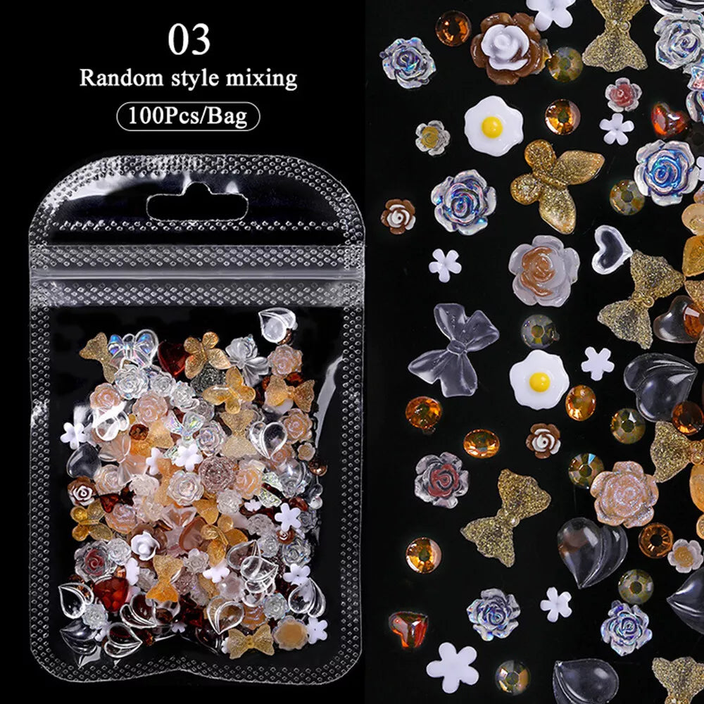 100pcs Glitter Resin Nail Art Flatback Crystals Gems 3D Nails Decoration Bowknot