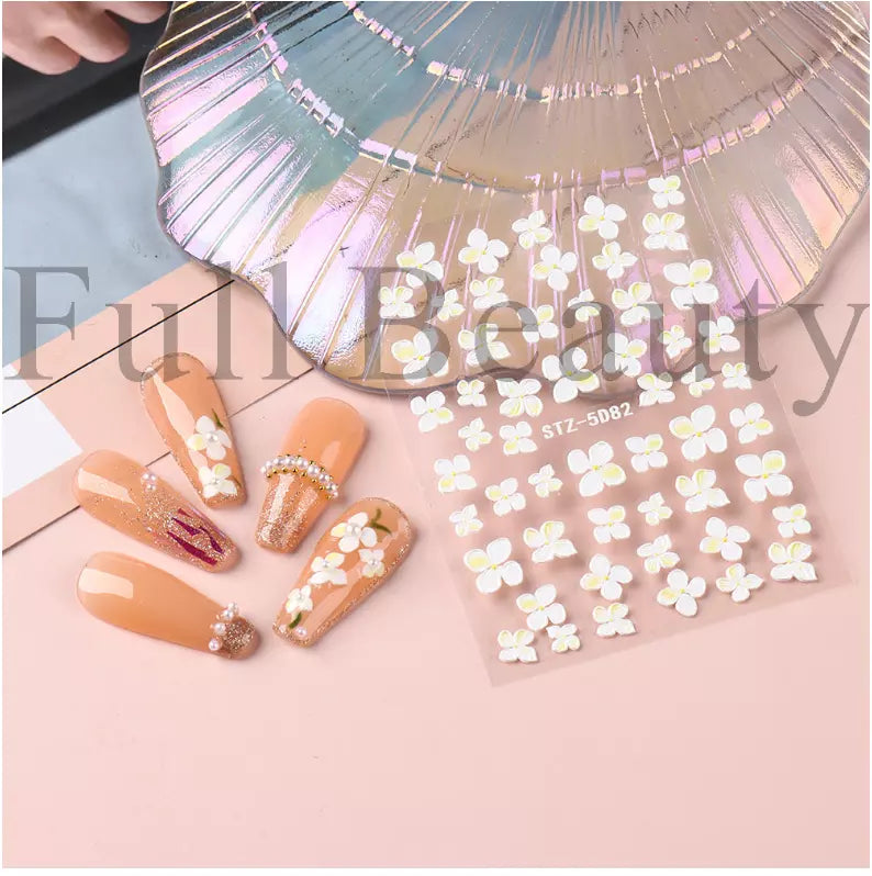 5D Embossed Tulip Camellia Flowers Leaf Nail Stickers Water Sliders Manicure DIY