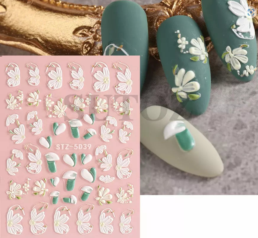 5D Embossed Tulip Camellia Flowers Leaf Nail Stickers Water Sliders Manicure DIY