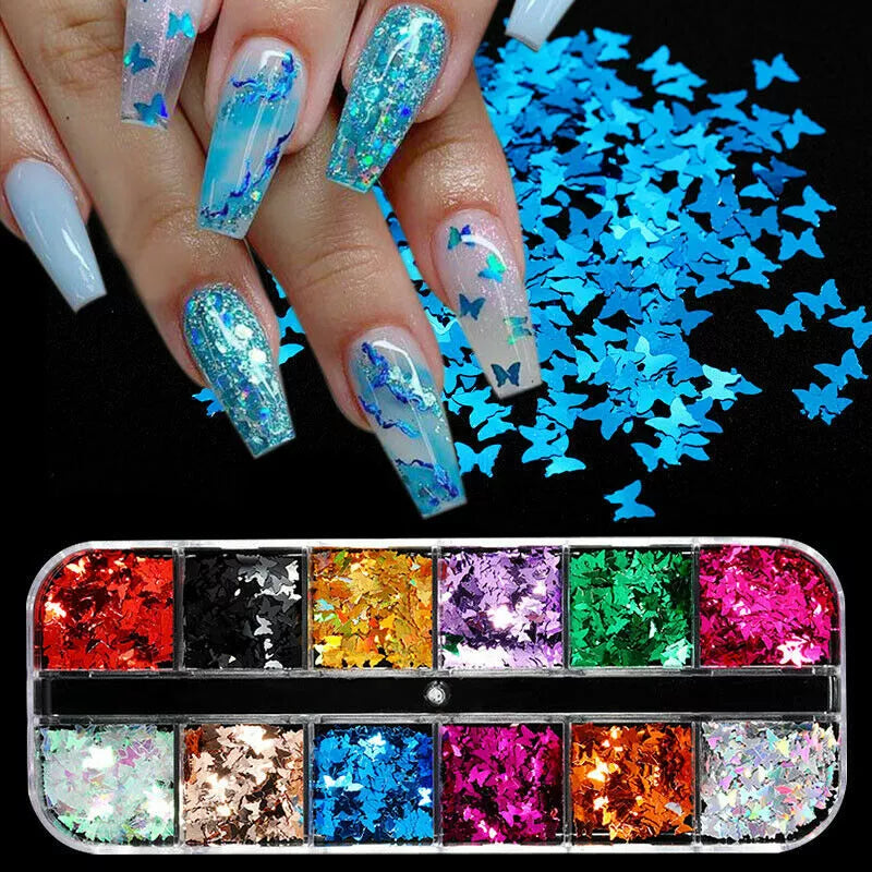 Laser Holographic 3D Butterfly Nail Art Sequins Flakes Glitter Foils 12 Colours✔