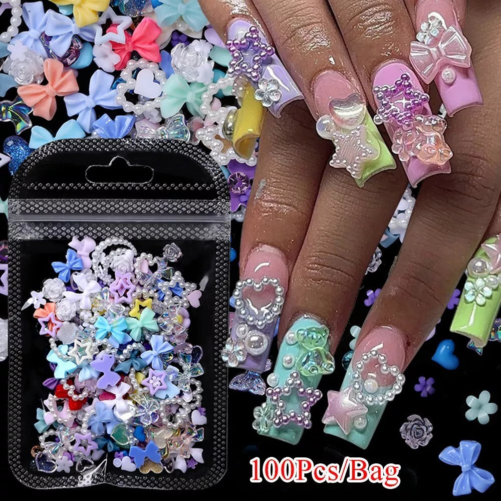 100pcs Glitter Resin Nail Art Flatback Crystals Gems 3D Nails Decoration Bowknot