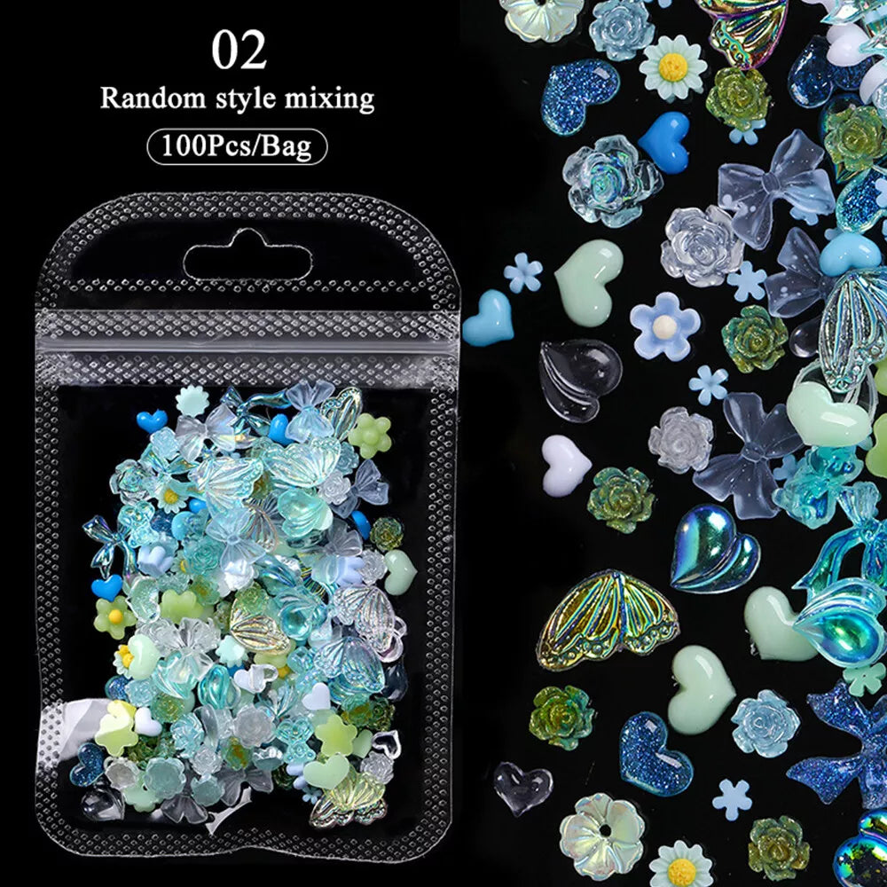 100pcs Glitter Resin Nail Art Flatback Crystals Gems 3D Nails Decoration Bowknot
