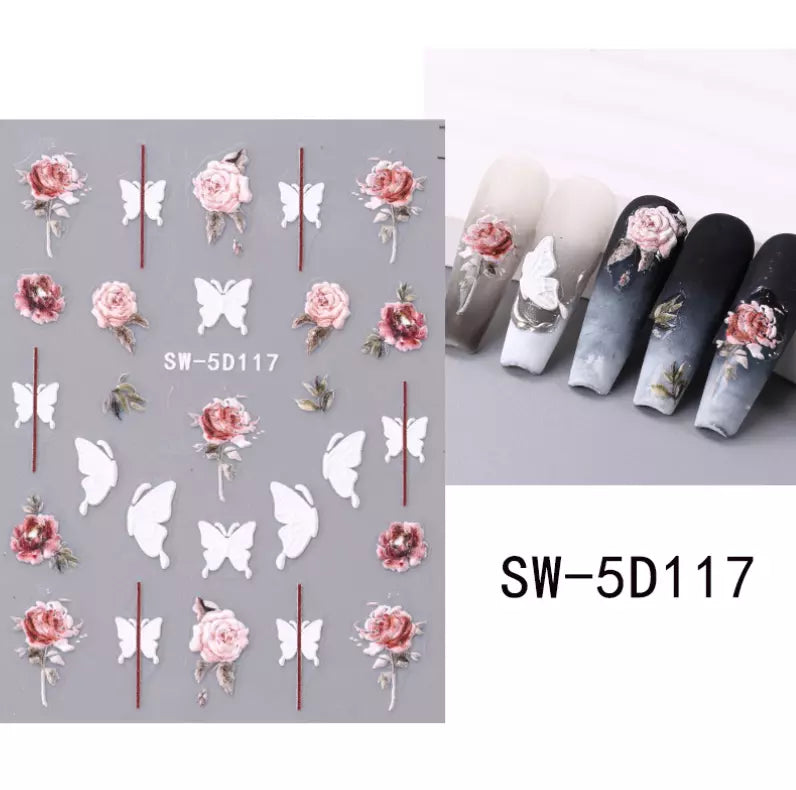 5D Embossed Tulip Camellia Flowers Leaf Nail Stickers Water Sliders Manicure DIY