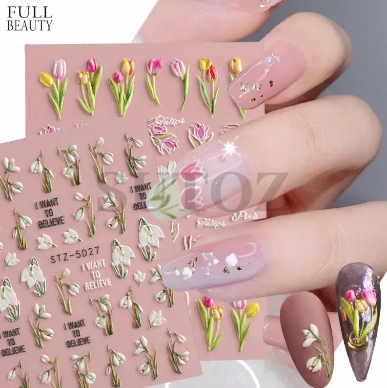 5D Embossed Tulip Camellia Flowers Leaf Nail Stickers Water Sliders Manicure DIY