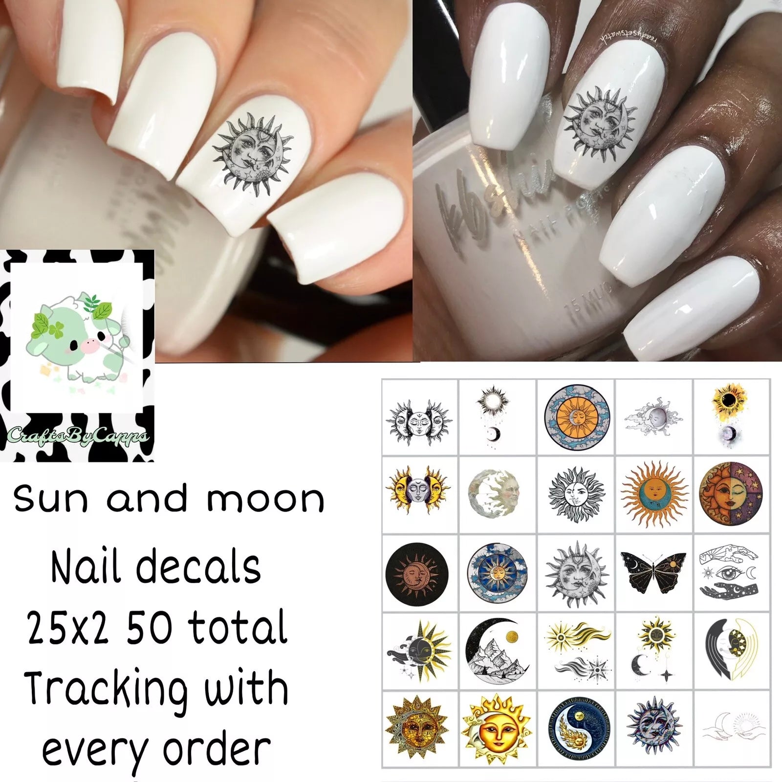 Sun & Moon Waterslide Nail Art Decals Set Of 50, Instructions Bonus