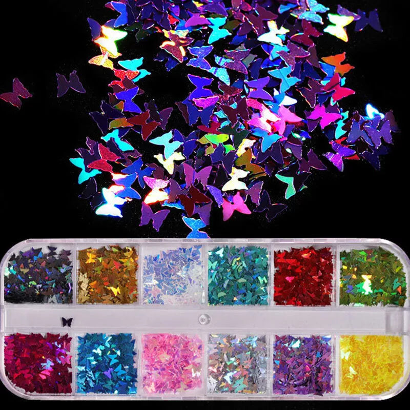 Laser Holographic 3D Butterfly Nail Art Sequins Flakes Glitter Foils 12 Colours✔