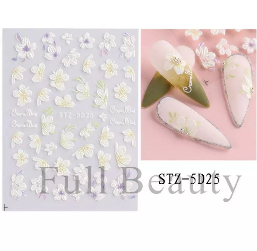 5D Embossed Tulip Camellia Flowers Leaf Nail Stickers Water Sliders Manicure DIY