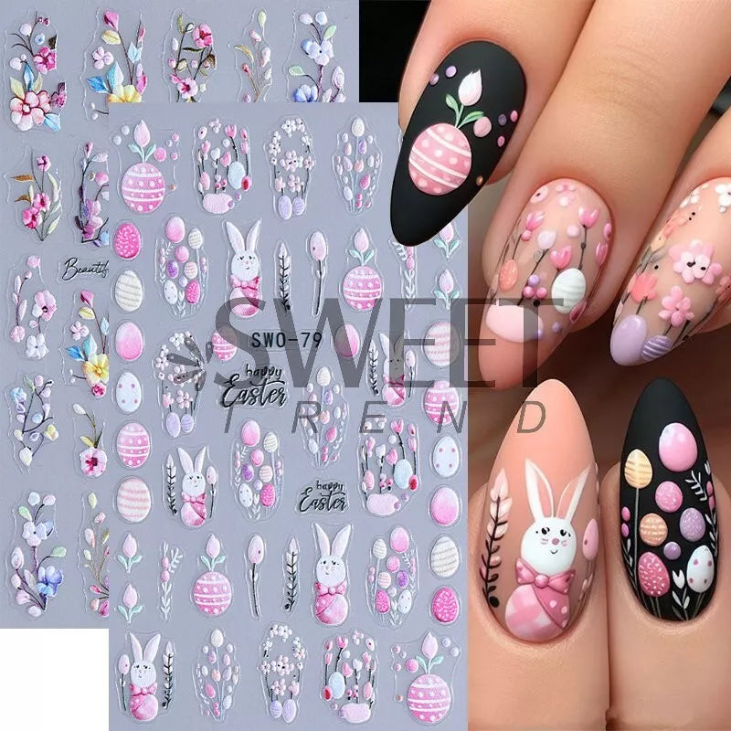 2PCS Nail Art Stickers Self Adhesive Easter Bunnies Egg Flower NS52
