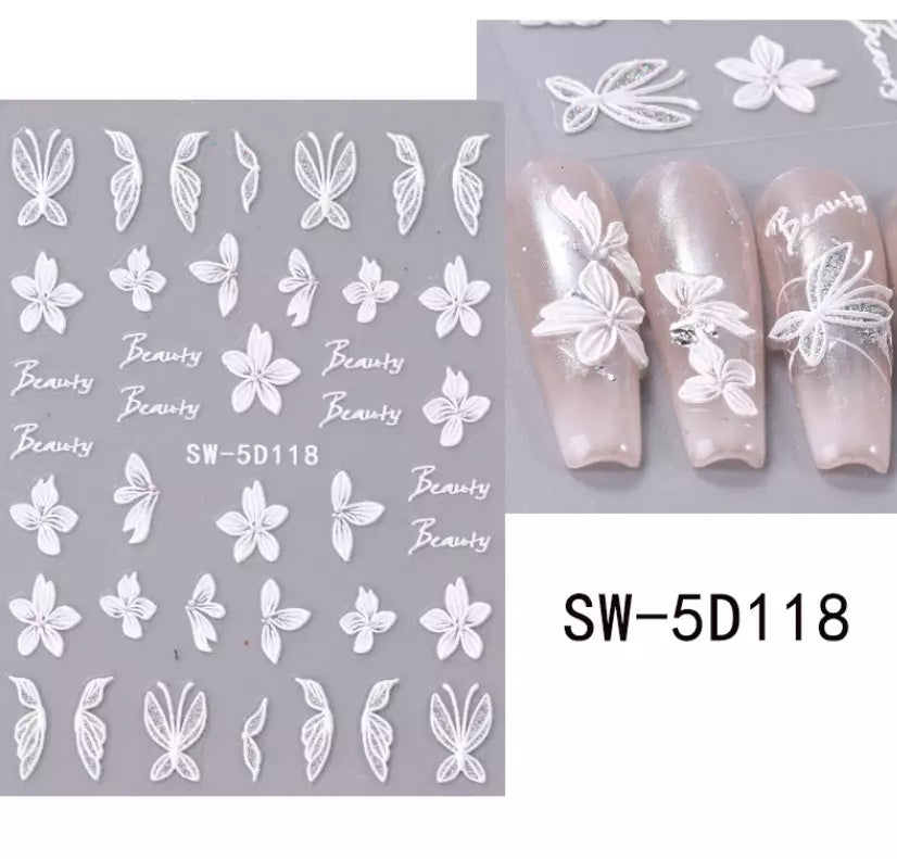 5D Embossed Tulip Camellia Flowers Leaf Nail Stickers Water Sliders Manicure DIY