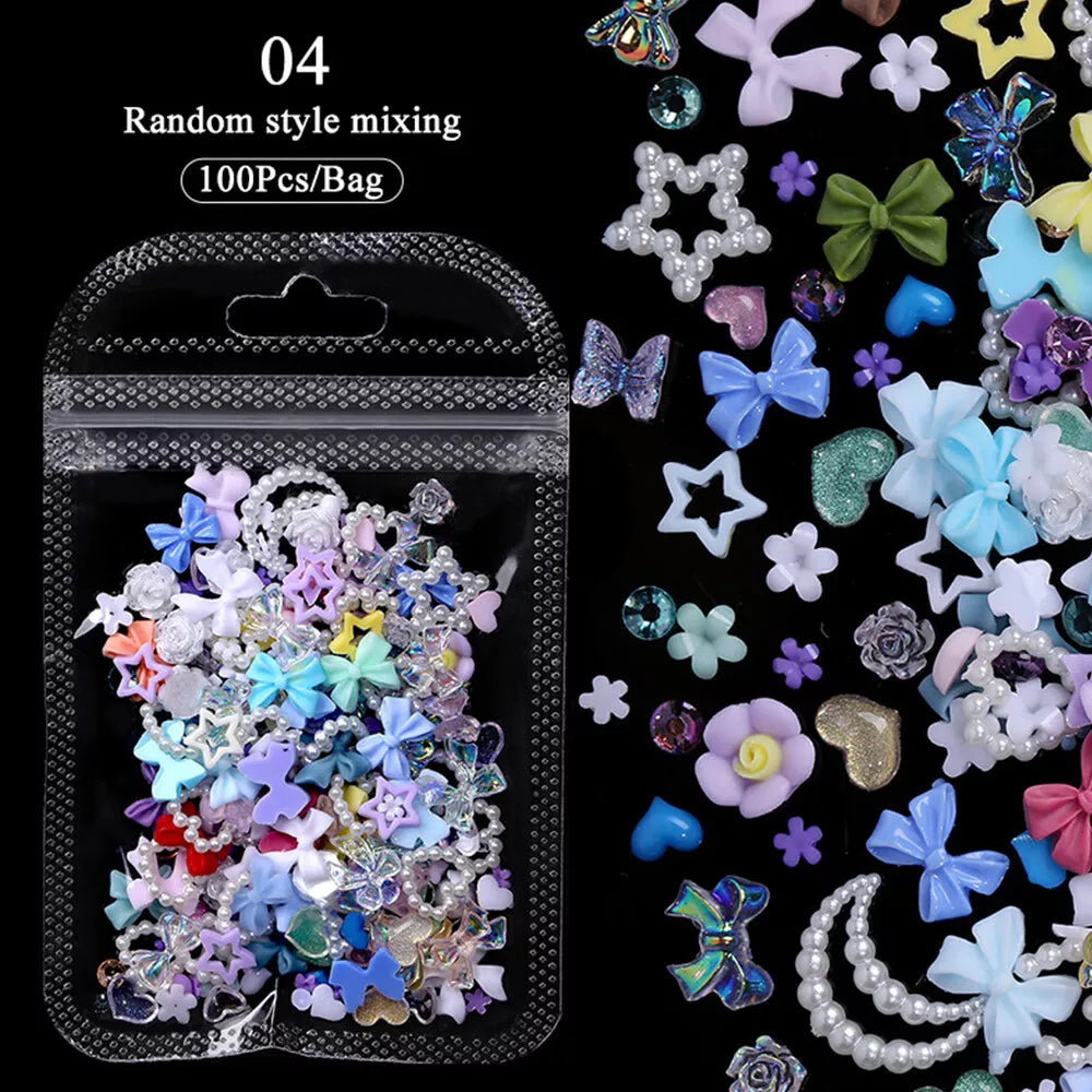 100pcs Glitter Resin Nail Art Flatback Crystals Gems 3D Nails Decoration Bowknot