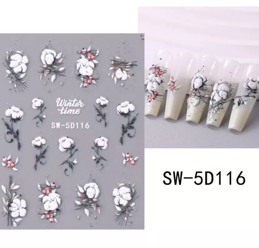 5D Embossed Tulip Camellia Flowers Leaf Nail Stickers Water Sliders Manicure DIY