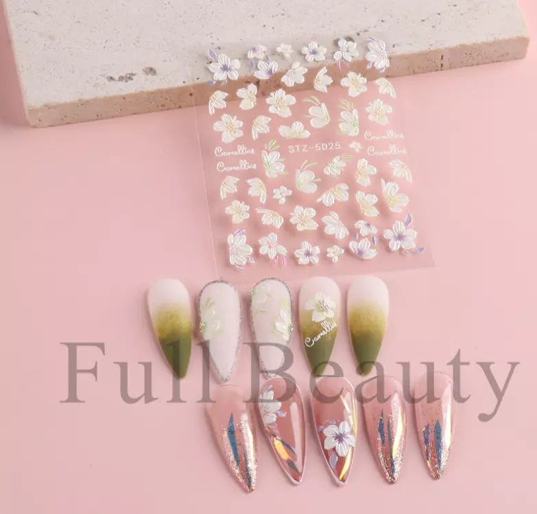 5D Embossed Tulip Camellia Flowers Leaf Nail Stickers Water Sliders Manicure DIY