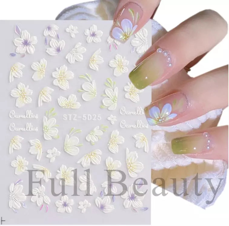 5D Embossed Tulip Camellia Flowers Leaf Nail Stickers Water Sliders Manicure DIY