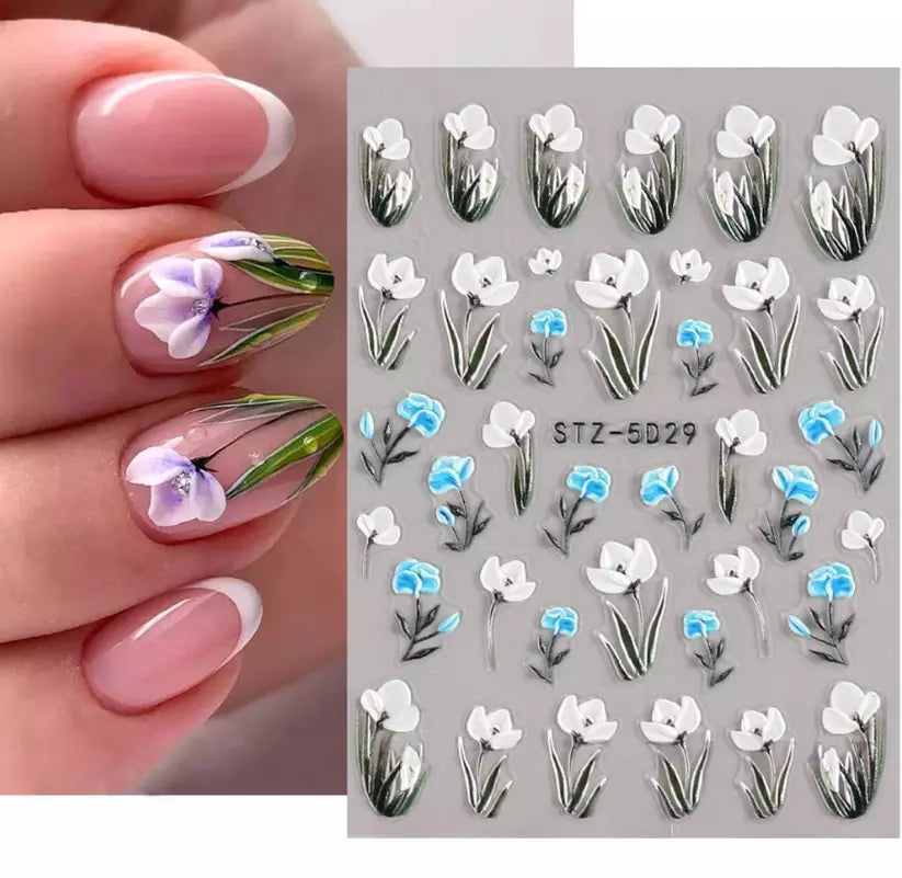 5D Embossed Tulip Camellia Flowers Leaf Nail Stickers Water Sliders Manicure DIY