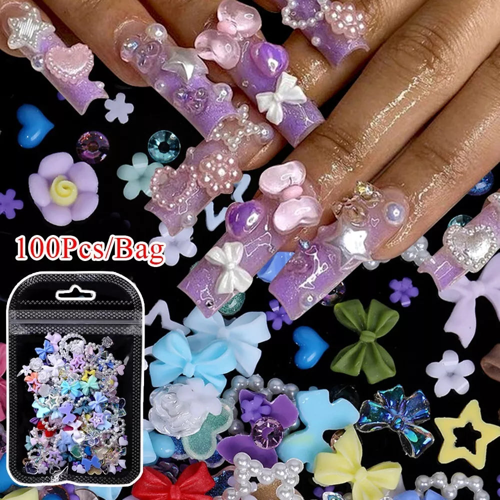 100pcs Glitter Resin Nail Art Flatback Crystals Gems 3D Nails Decoration Bowknot